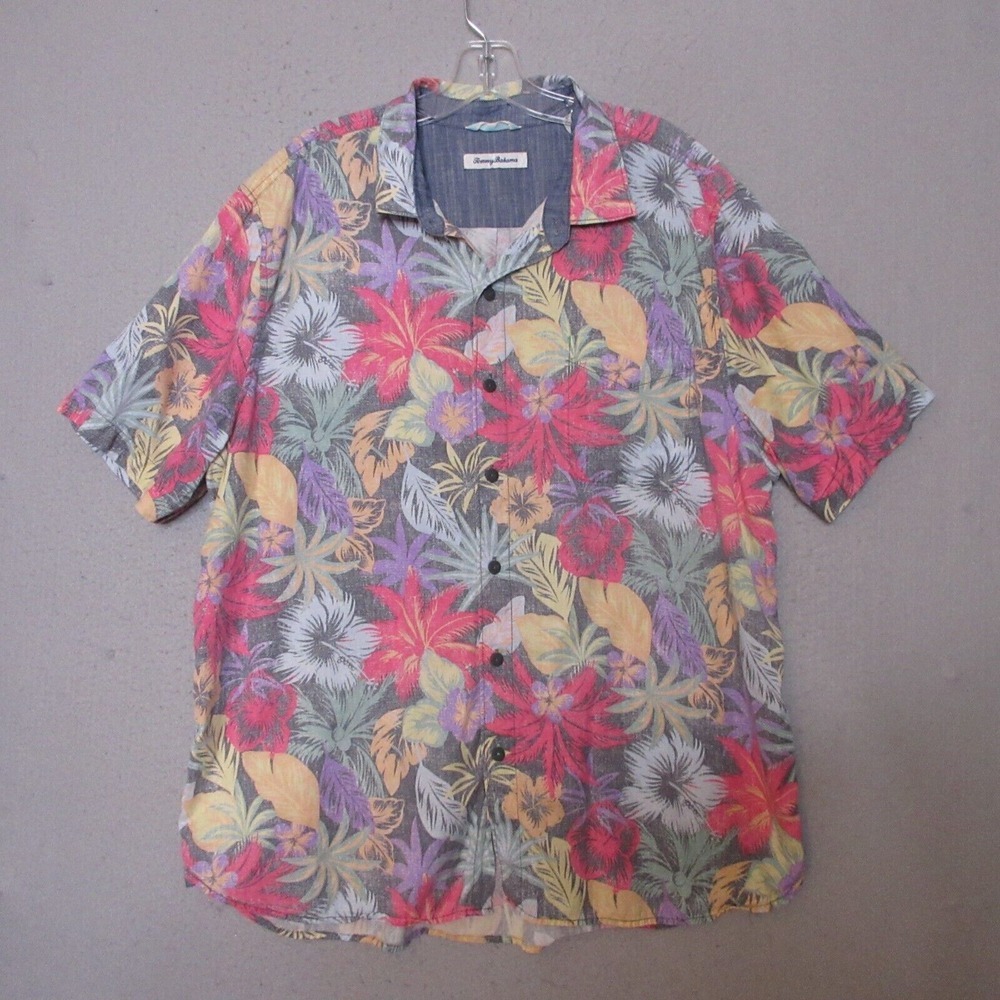 Tommy Bahama Shirt Men XL Floral Colorful Bright Luau Tencel Aloha Hawaiian